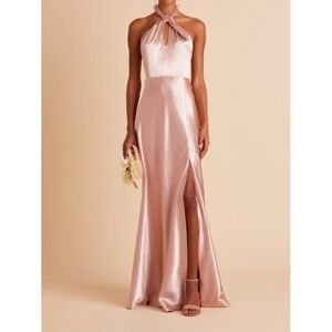 Birdy Grey Pastel Pink Halter Neck Satin Bridesmaids Dress Front Slit Large